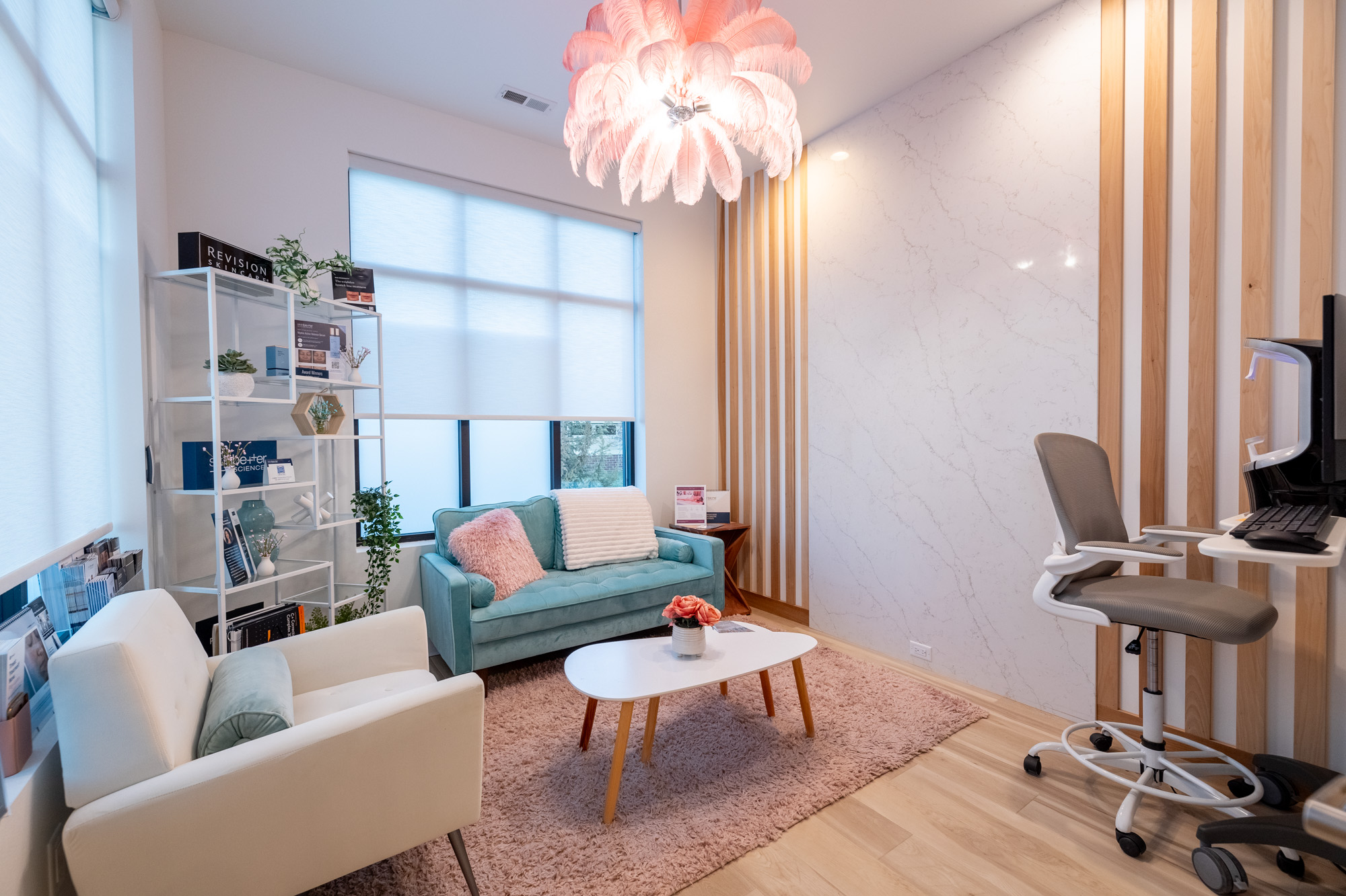 The view of the Brightside Aesthetics waiting room as a woman walks in treatment for Emface in Des Moines.